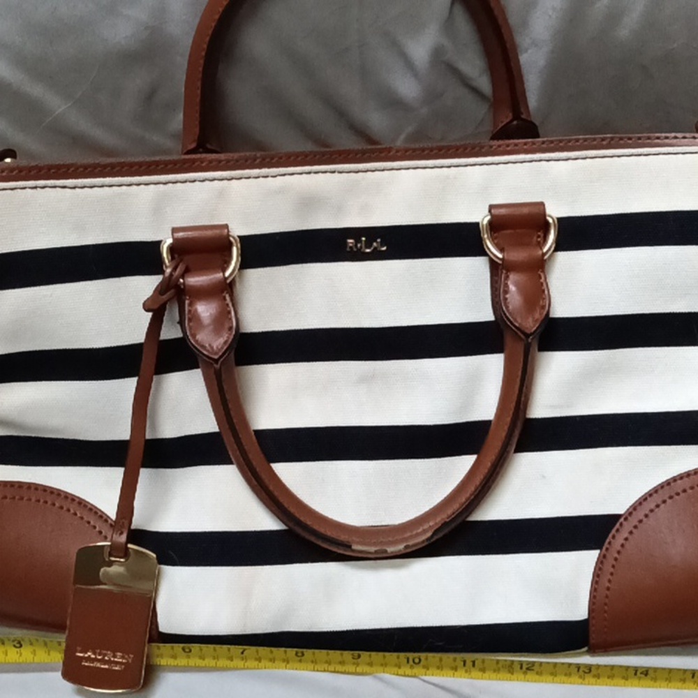 Ralph Lauren Black and White Striped Tote with Brown Accents
